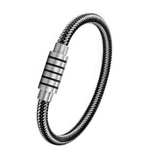 Men's minimalist stainless steel braided bracelet with silver magnetic buckle clasp