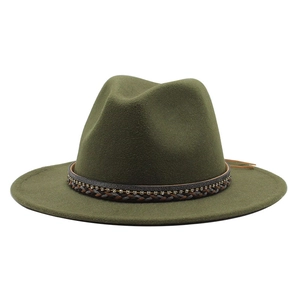 Detail of army green wool felt jazz hat featuring an exquisite rhinestone woven band trim