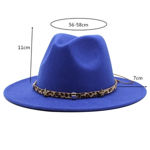 Navy blue fedora hat with leopard band, showing size dimensions of 56-58cm circumference