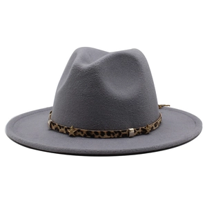 Detail of grey wool fedora hat featuring leopard print band with gold metallic studs