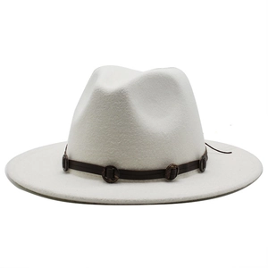 Classic white wool fedora hat with a detailed brown leather band and ring ornaments