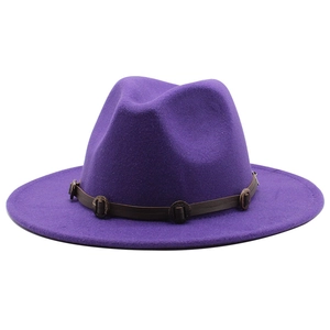 Purple wool fedora hat with a brown leather decorative band and copper buckle accents