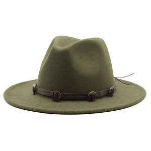Classic dark green wool fedora hat with brown leather belt and metallic buckle detail