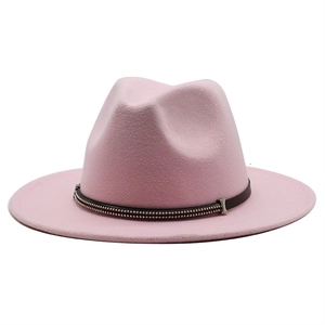 Close-up of pink wool fedora hat featuring double-row bead embellishment on band