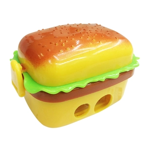 Creative hamburger-shaped pencil sharpener with dual holes and built-in eraser for kids