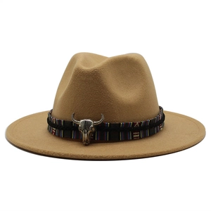 Camel wide brim wool fedora hat with ethnic woven band and metal bull skull ornament