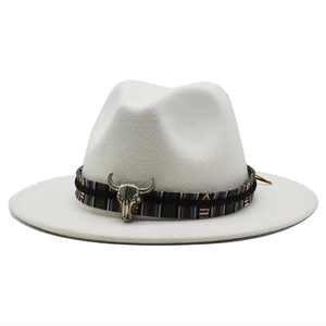 White wool fedora with ethnic woven band and silver bull head ornament detail