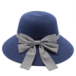 Navy blue wide brim straw sun hat with gingham bow for women outdoor sun protection