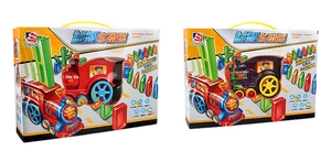 Detailansicht der roten und lila transparenten Domino-Zug-Spielsets mit praktischen Tragegriffen