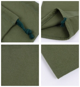 Detailed four-way split view of army green canvas drawstring bag texture and stitching