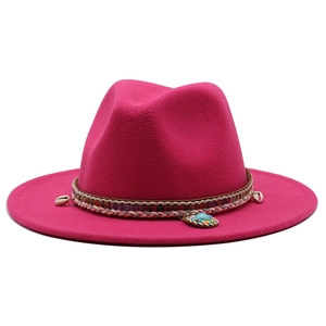 Magenta wool fedora with bohemian ethnic band shell and turquoise pendant detail