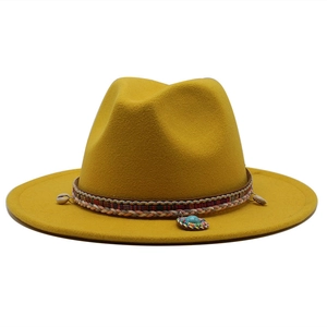 Ginger wool fedora with ethnic woven band, shell charms and turquoise stone detail