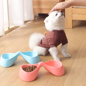 Close-up of double pet feeding bowls in blue and pink with a Pomeranian dog