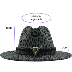 Gray leopard print fedora with ethnic band and bull head charm showing size dimensions