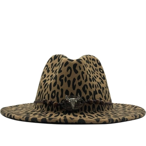 Leopard print fedora hat for men and women with bull skull and wooden bead decor