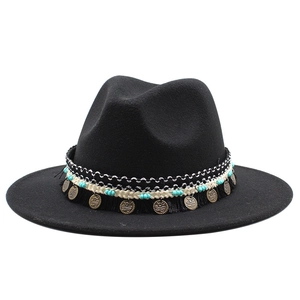 Cappello Fedora in Feltro di Lana Stile Etnico Donna Cappello Jazz a Tesa Larga Con Nappina Pendente Moneta Cappello in Feltro Britannico Retro Bohemien