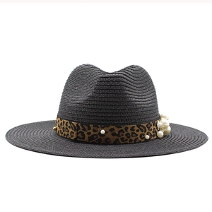 Women's black straw fedora sun hat with leopard print ribbon and pearl embellishments