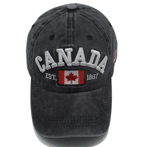 Washed black cotton baseball cap with 3D Canada embroidery and maple leaf flag