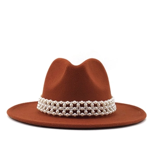 Brick red wide brim wool fedora hat with elegant white pearl woven decorative band