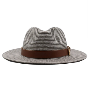 Grey paper straw fedora hat for sun protection with brown leather band and gold buckle
