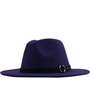 Classic dark purple wool fedora hat with a black band and silver metal ring decoration