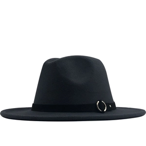 Detailed view of grey wool fedora hat with black decorative band and silver metal ring