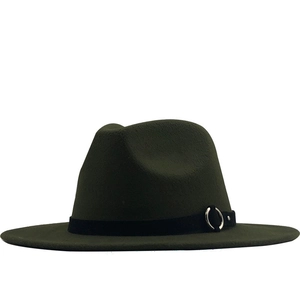 Detail of forest green wool fedora hat featuring a black band and silver metal buckle