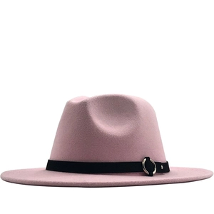 Pink wool fedora hat with flat brim and black ribbon featuring a silver metal buckle