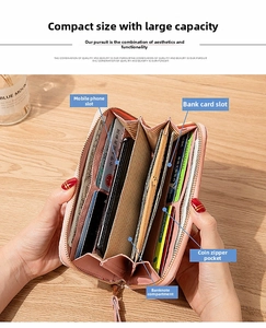 Detailed interior view of a pink zip-around wallet with phone slot and card holders