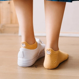 Women's yellow low cut cotton socks with cat embroidery on heel and casual shoes