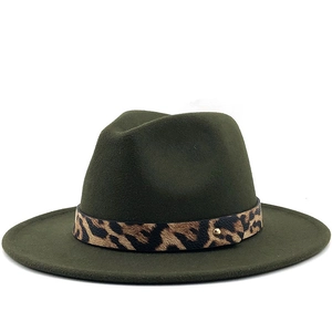 Olive green wool fedora hat with leopard print band and golden metal studs detail