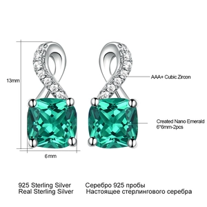 Elegant 925 sterling silver drop earrings with 6mm nano emerald and sparkling cubic zirconia