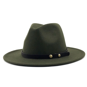 Detail of dark olive wool fedora hat featuring a black leather band with brass rivets