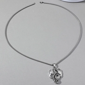 Retro punk flying dragon pendant necklace in silver metal with box chain for men
