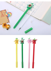 Detail view of 4 cute silicone fruit gel pens showing avocado and strawberry designs