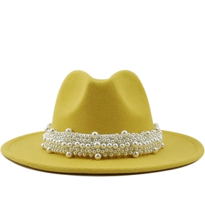 Elegant yellow wool fedora hat for women with luxury multi-layer pearl decorative band