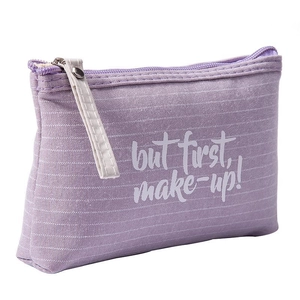 Purple canvas makeup bag with white zipper and printed slogan but first make-up
