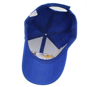 Royal blue baseball cap with eagle embroidery and adjustable strap, internal view