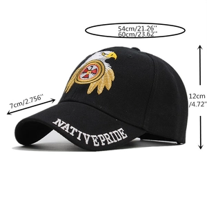 Detail of eagle embroidery and size specifications for black baseball cap
