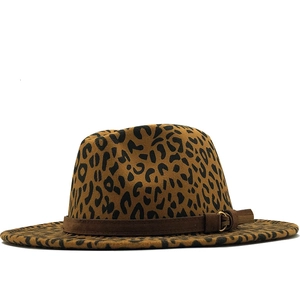 Classic leopard print felt fedora hat featuring a brown suede band and gold buckle