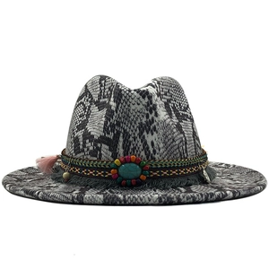 Bohemian wool fedora hat with snakeskin pattern, ethnic turquoise band and pink tassel