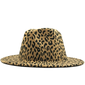 Classic leopard print wool fedora hat with a flat brim and camel base for men and women