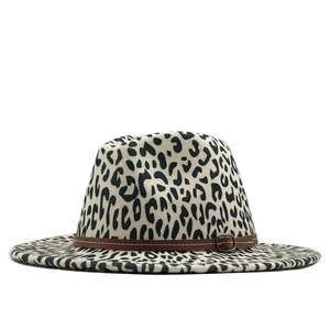 Leopard Print Fedora Hat Wool Felt Wide Brim With Faux Leather Belt Buckle Jazz Cap Vintage Fashion For Women Men