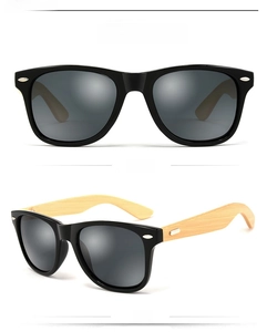 Detail view of black frame sunglasses with natural bamboo temples in front and side profile