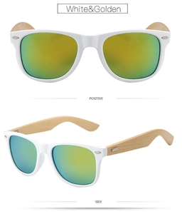 Bamboo arm sunglasses with white frame and golden gradient reflective lenses