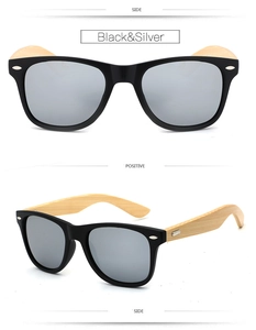 Front and side view of retro sunglasses with black frames and bamboo wood temples