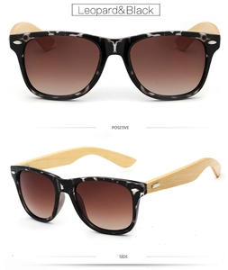 Leopard frame sunglasses with wooden arms shown in front and side views on white background