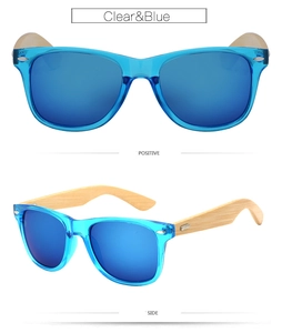 Blue reflective sunglasses with transparent frame and natural bamboo temples shown in two angles