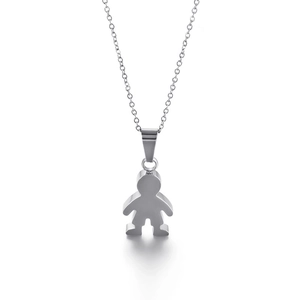 Polished silver stainless steel necklace featuring a minimalist boy figure pendant