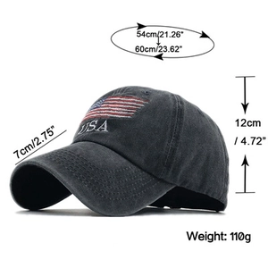 Detail view of washed cotton baseball cap with USA flag and size dimensions